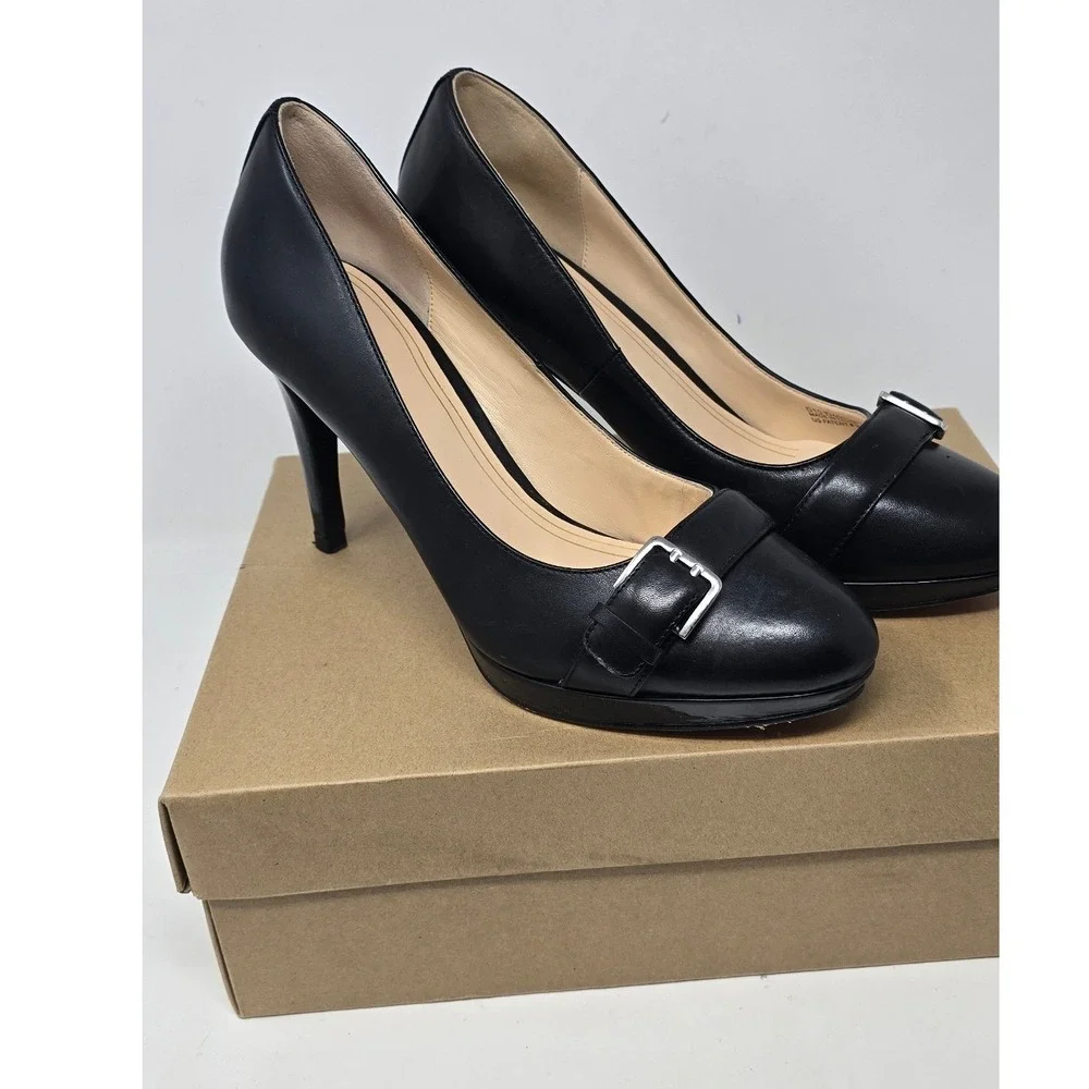 Cole Haan women 9.5B black Chelsea buckle pump Almond toe stiletto platform chic